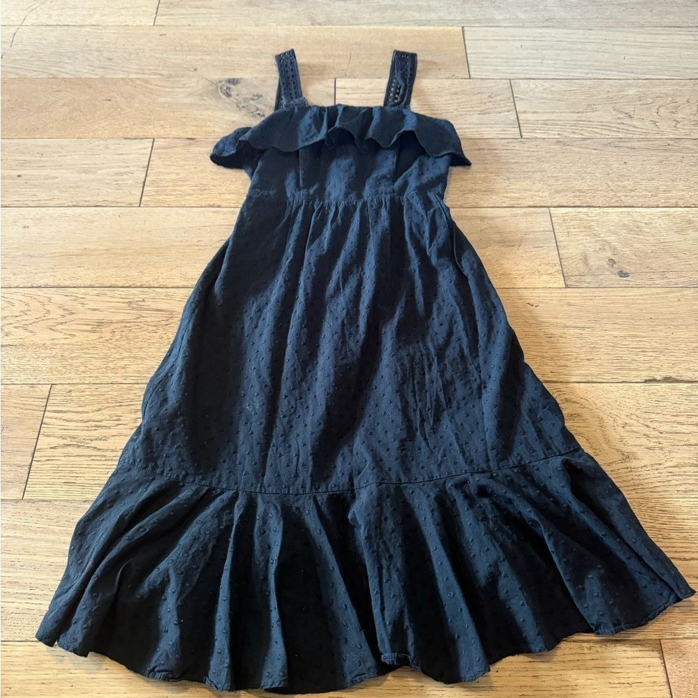 J.Crew Black Clip‎ Dot Ruffle Midi Dress Eyelet Straps Tiered Hem Size 00 (773)